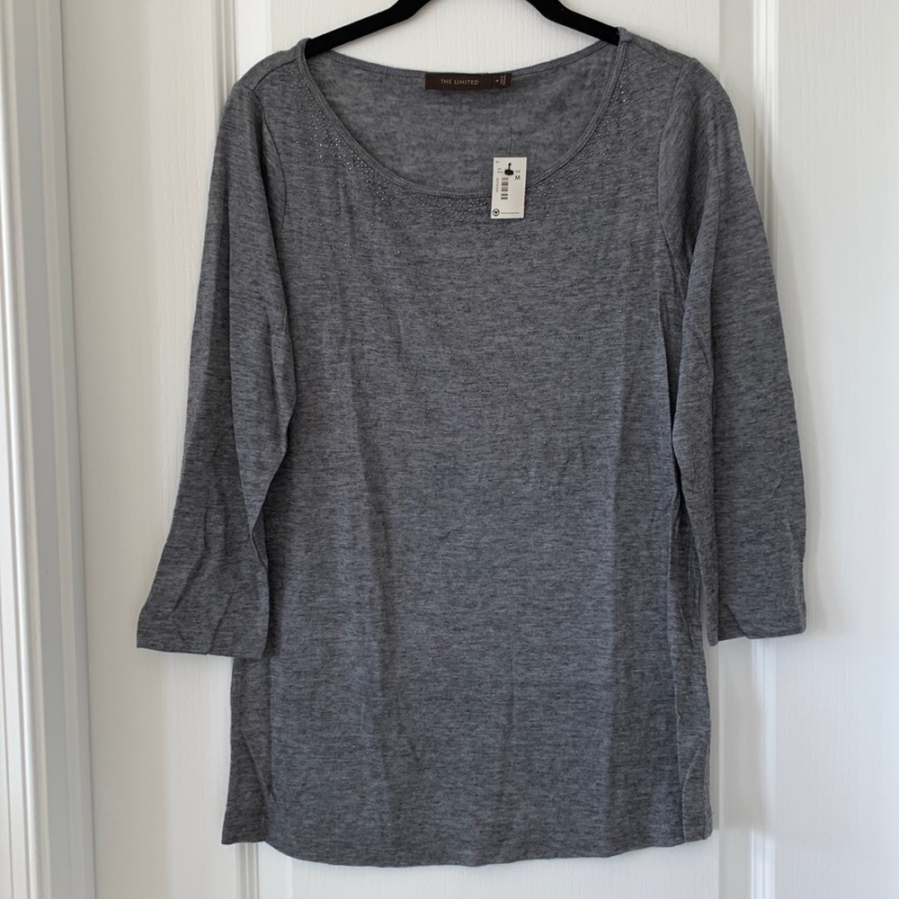 NWT THE LIMITED Silver Studded 3/4 Length Sleeves Semi-Sheer Top Size M